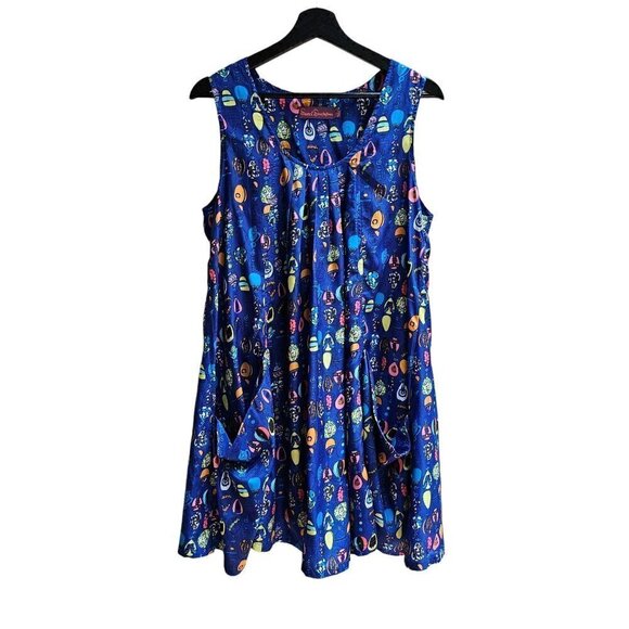 Sweet Sinammon Sleeveless Tunic Dress, Blue Fun Print, Slouchy Pockets Size L - Picture 1 of 9